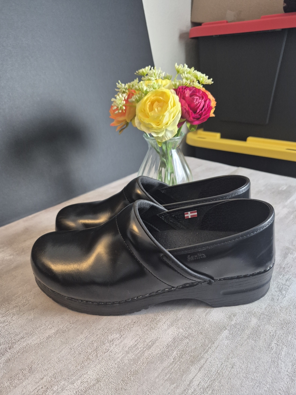 Sanita Black Slip-On Leather Clogs. Size 11.5-12